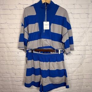 Fashion Clothing Mens Blue Gray Striped 2 Piece Set Quarter Zip Shorts XL NEW